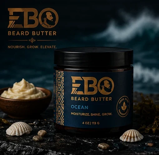 EBO Beard Butter — Ocean jar photographed on black with gold light