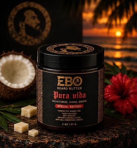 EBO Beard Butter — Pura Vida jar photographed on black with gold light