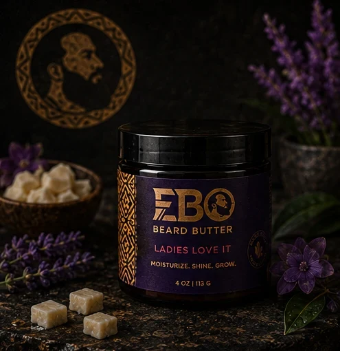 EBO Beard Butter — Ladies Love It jar photographed on black with gold light